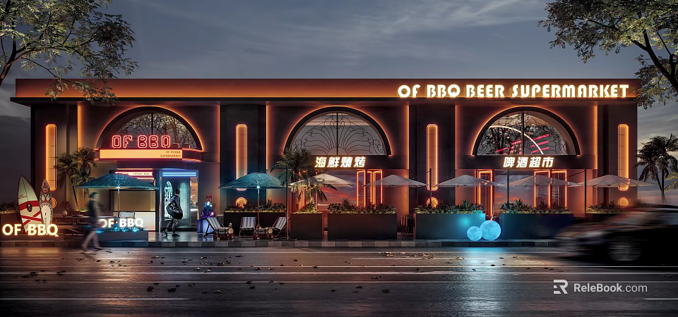 BBQ Beer Restaurant Exterior With Neon Lights Arched Windows And Outdoor Seating 3d model 