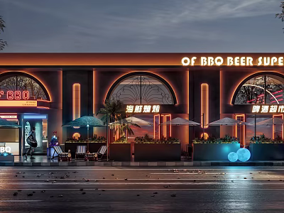 BBQ Beer Restaurant Exterior With Neon Lights Arched Windows And Outdoor Seating 3d model