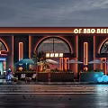 BBQ Beer Restaurant Exterior With Neon Lights Arched Windows And Outdoor Seating