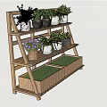 Wooden Tiered Plant Stand With Various Potted Plants And Green Herb Boxes