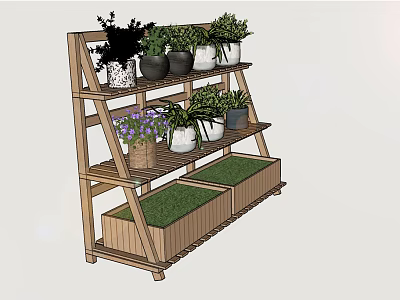 Wooden Tiered Plant Stand With Various Potted Plants And Green Herb Boxes 3d model