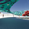 Vibrant Teal And Purple Geometric Feature Wall With Red Maple Tree And Water Pool