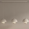 Three Modern White Dome Shaped Pendant Lights Hanging From Ceiling Bar