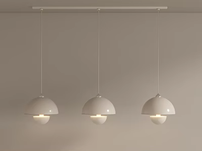 Three Modern White Dome Shaped Pendant Lights Hanging From Ceiling Bar 3d model