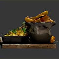 Delicious Food Platter with Crispy Fries Kebab Skewers Fresh Salad and Sauce on Wooden Tray