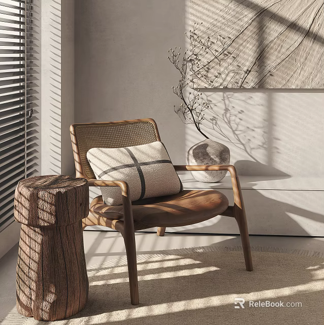 Stylish Rattan Leisure Chair With Wooden Frame Striped Cushion Indoor Sunlight Shadows 3d model 