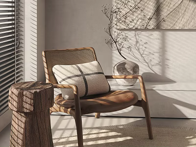 Stylish Rattan Leisure Chair With Wooden Frame Striped Cushion Indoor Sunlight Shadows 3d model