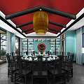 Chinese Style Private Room Interior With Red Ceiling Blue Cabinets And Wooden Tables