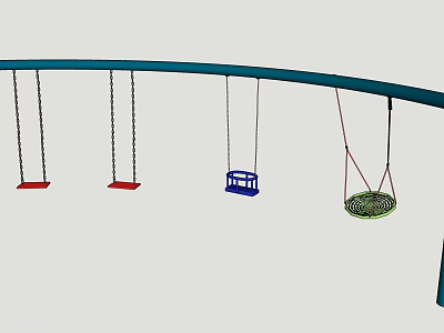 Playground Equipment Featuring Curved Metal Frame With Red Flat Blue Basket Green Net Swings 3d model
