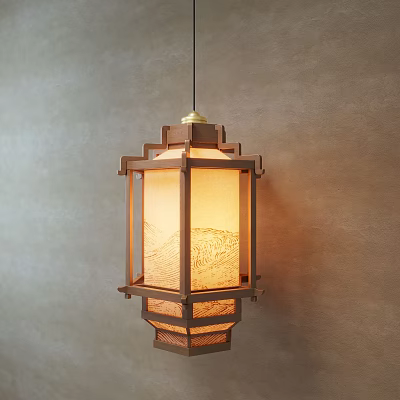 Japanese Style Wooden Frame Pendant Light With Translucent Shade And Textured Pattern On Light Colored Wall 3d model