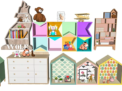 Cute Kids Room Decorative Cabinets With Tree Shaped House Design And Toys Books 3d model