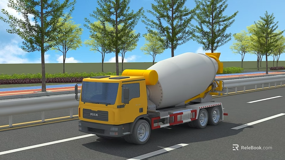 FOTON Yellow Concrete Mixer Truck On Road With Rotating Drum And Trees 3d model 