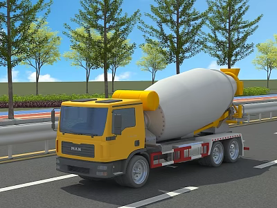 FOTON Yellow Concrete Mixer Truck On Road With Rotating Drum And Trees 3d model
