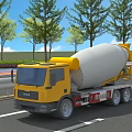 FOTON Yellow Concrete Mixer Truck On Road With Rotating Drum And Trees