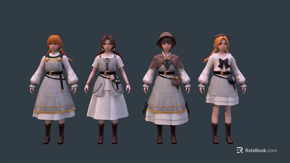 Four Female Game and Movie Characters in White Dresses with Hats Belts and Brown Boots 3d model 