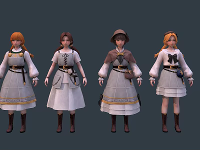 Four Female Game and Movie Characters in White Dresses with Hats Belts and Brown Boots 3d model