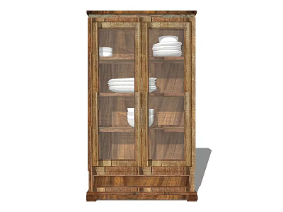 Classic Wooden Sideboard With Glass Doors Holding Plates And Bowls On Shelves 3d model