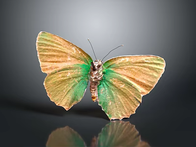 Stunning Green and Golden Butterfly with Iridescent Shiny Wings and Reflection on Dark Background 3d model