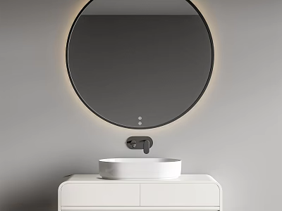 Modern Bathroom Vanity With Round LED Mirror White Washbasin And Black Faucet 3d model