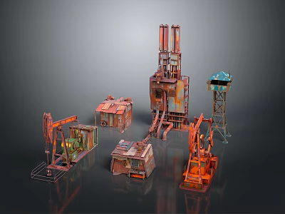 Abandoned Industrial Machinery Equipment With Oil Pumps Drill Rigs And Rusted Control Boxes 3d model