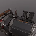Steampunk Mechanical Weapon With Spiked Protrusions Red Cylinder And Metal Pipes