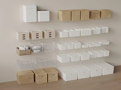 Home Storage Solutions With Various Boxes Baskets On Wall And Floor 3d model