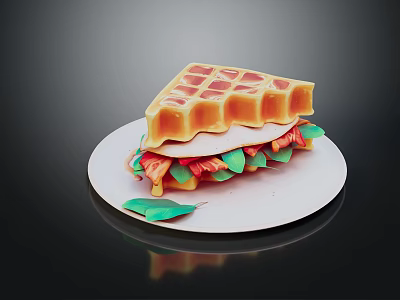 Crispy Golden Waffle Sandwich with Colorful Vegetables and Meat on White Plate 3d model