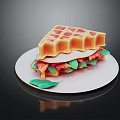 Crispy Golden Waffle Sandwich with Colorful Vegetables and Meat on White Plate