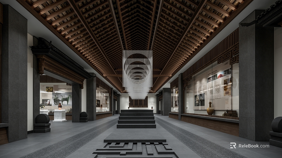 Traditional Cultural Center Interior With Wooden Ceiling Long Corridor Stone Steps And Display Cabinets 3d model 