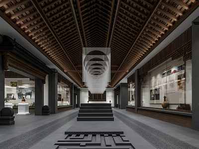Traditional Cultural Center Interior With Wooden Ceiling Long Corridor Stone Steps And Display Cabinets 3d model