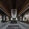 Traditional Cultural Center Interior With Wooden Ceiling Long Corridor Stone Steps And Display Cabinets