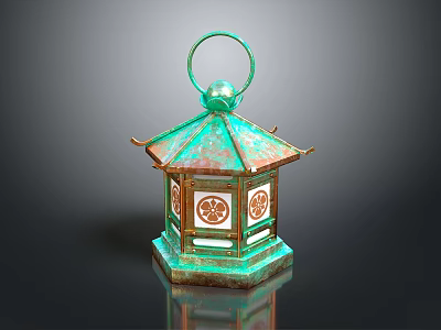 Traditional Copper Lantern With Green Patina Handle Ring Hexagonal Shape And Decorative Patterns 3d model