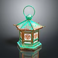 Traditional Copper Lantern With Green Patina Handle Ring Hexagonal Shape And Decorative Patterns