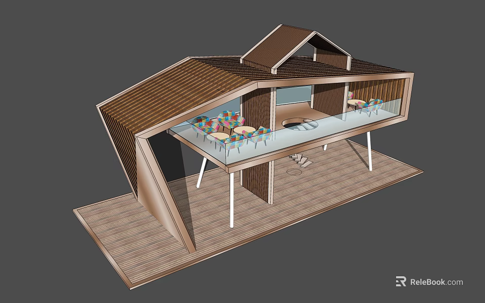 Modern Wooden Pergola Design With Sloped Roof Support Columns And Wooden Deck 3d model 