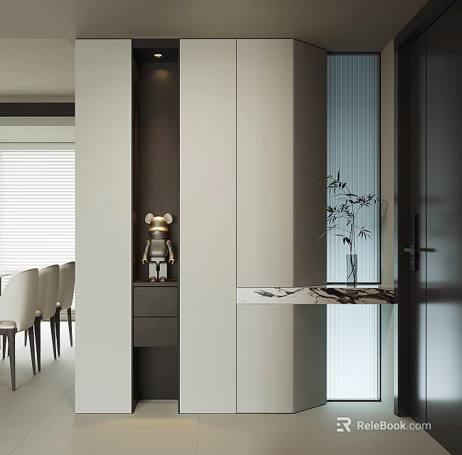 Modern Minimalist Shoe Cabinet In Entryway With Light Gray Finish Storage Drawers And Potted Plant 3d model 