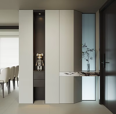 Modern Minimalist Shoe Cabinet In Entryway With Light Gray Finish Storage Drawers And Potted Plant 3d model