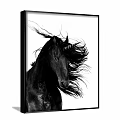 Black and White Unicorn Animal Painting with Flowing Mane in Framed Artwork Design