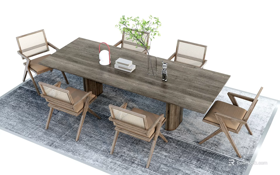 Modern Wooden Dining Table Set With Six Woven Chairs Green Plant Vase And Gray Rug 3d model 