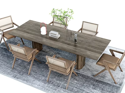 Modern Wooden Dining Table Set With Six Woven Chairs Green Plant Vase And Gray Rug 3d model