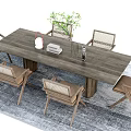 Modern Wooden Dining Table Set With Six Woven Chairs Green Plant Vase And Gray Rug