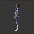 Game Movie Character Red Haired with Blue and White Futuristic Armor Holding Device Standing Pose