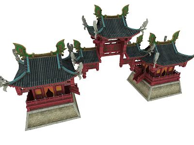 Cartoon Scene of Traditional Chinese Architecture with Red Black Roofs and Green Decorations 3d model