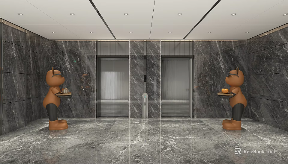 Modern Elevator Hallway With Marble Walls Double Doors Brown Sculptures And Ceiling Lights 3d model