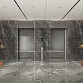 Modern Elevator Hallway With Marble Walls Double Doors Brown Sculptures And Ceiling Lights 3d model