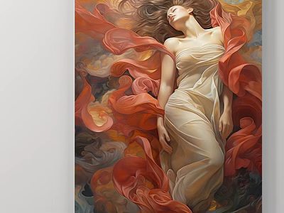 Artistic Female Portrait Painting with Flowing White Dress Red Orange Fabric and Dynamic Vibrant Colors 3d model
