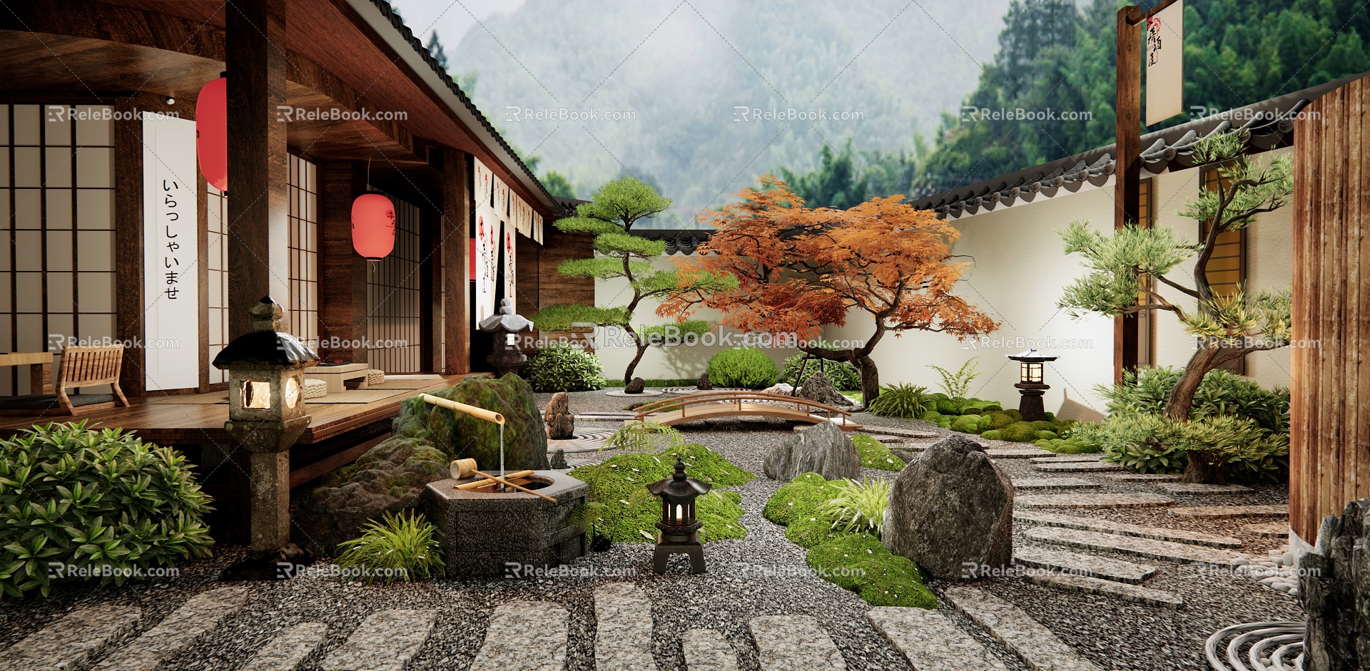 Japanese-style B & B Courtyard Landscape Zen Courtyard Garden Tingbu rockery Waterscape Water Pot Stone Plant Landscaping Plant Combination Green Slab Road 3d model