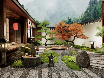 Traditional Japanese Garden With Red Lanterns Wooden Structure Maple Tree Stone Lantern And Mossy Path 3d model