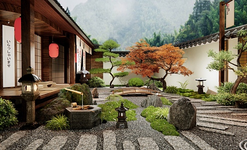 Japanese-style B & B Courtyard Landscape Zen Courtyard Garden Tingbu rockery Waterscape Water Pot Stone Plant Landscaping Plant Combination Green Slab Road 3d model