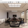 Modern Conference Room Interior With Long Wooden Table Black Chairs Skylight Ceiling And Large Windows