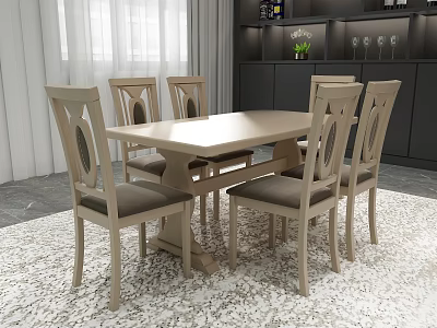 Modern Light Wood Dining Table Set with Chairs Gray Cushions and Bright Room Cabinet Decor 3d model